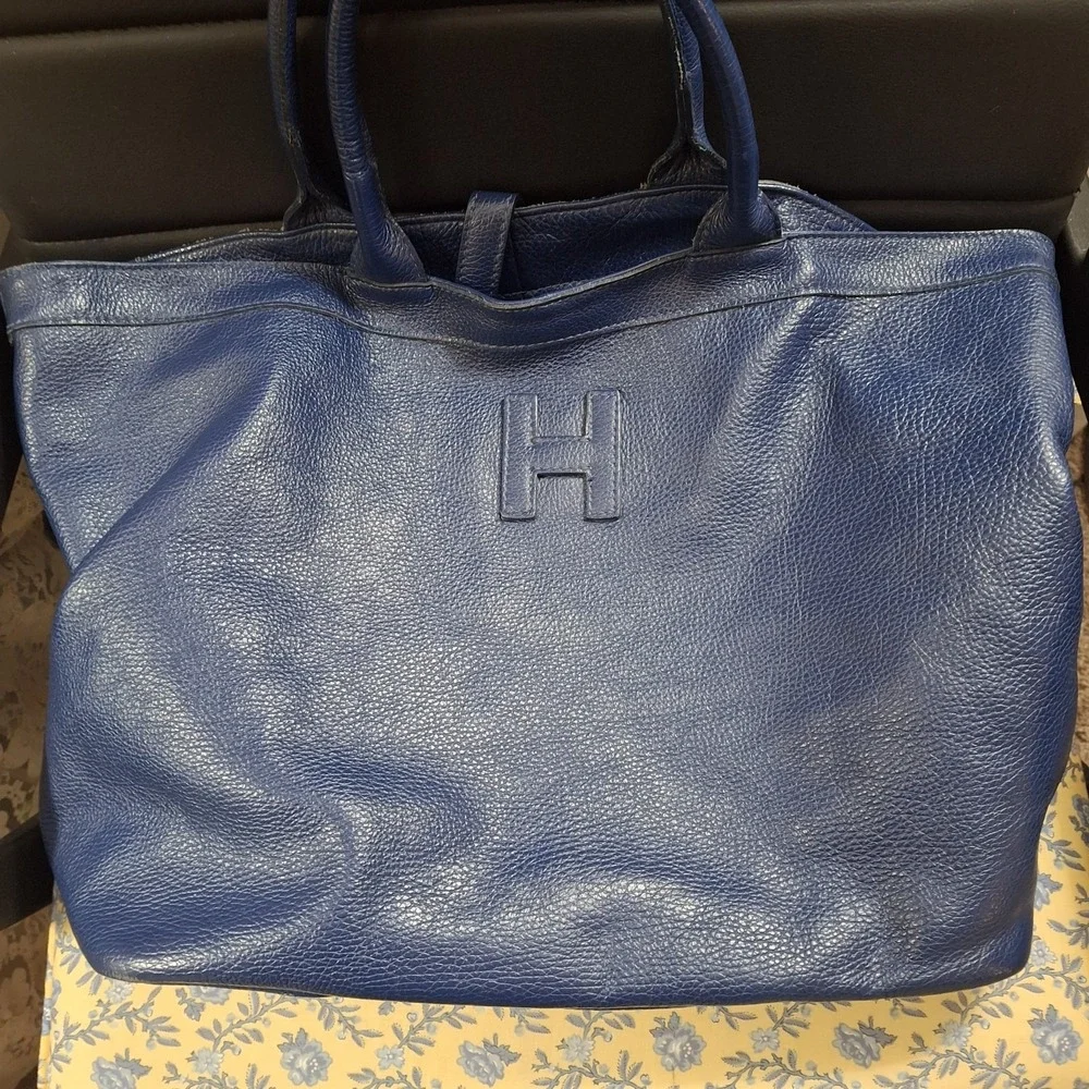 Harper Navy Pebbled Leather Shoulder Bag Classic Luxury Made In Italy